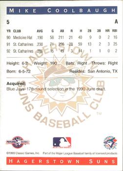1993 Classic Best Hagerstown Suns #5 Mike Coolbaugh Back