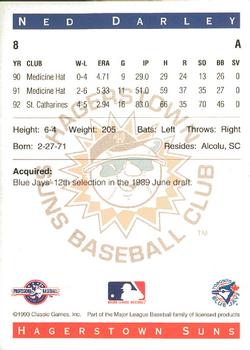 1993 Classic Best Hagerstown Suns #8 Ned Darley Back