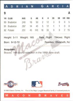 1993 Classic Best Macon Braves #9 Adrian Garcia Back