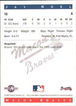 1993 Classic Best Macon Braves #16 Jay Noel Back