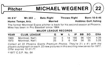 1977 Cramer Phoenix Giants #NNO Mike Wegener Back