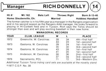 1977 Cramer Tucson Toros #38 Rich Donnelly Back