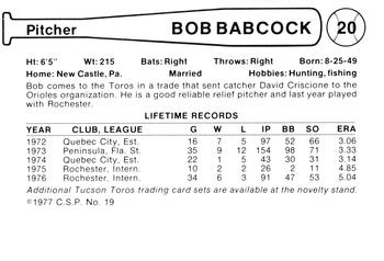 1977 Cramer Tucson Toros #19 Bob Babcock Back