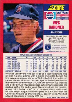 1990 Score Pepsi Boston Red Sox #9 Wes Gardner Back