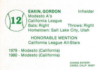 1981 Chong Modesto A's #12 Gordon Eakin Back