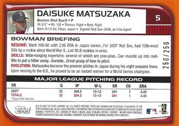 2008 Bowman - Orange #5 Daisuke Matsuzaka Back