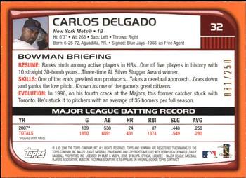 2008 Bowman - Orange #32 Carlos Delgado Back