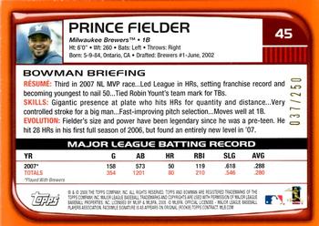2008 Bowman - Orange #45 Prince Fielder Back