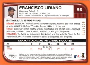 2008 Bowman - Orange #56 Francisco Liriano Back
