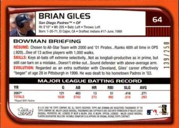 2008 Bowman - Orange #64 Brian Giles Back