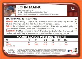2008 Bowman - Orange #74 John Maine Back