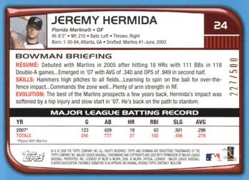 2008 Bowman - Blue #24 Jeremy Hermida Back