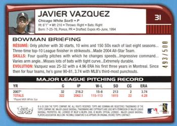 2008 Bowman - Blue #31 Javier Vazquez Back