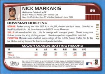 2008 Bowman - Blue #36 Nick Markakis Back