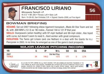 2008 Bowman - Blue #56 Francisco Liriano Back