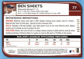 2008 Bowman - Blue #77 Ben Sheets Back