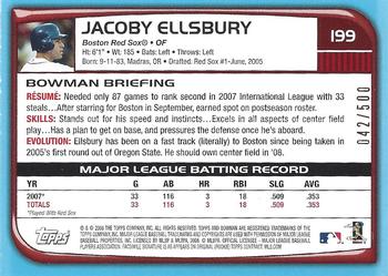 2008 Bowman - Blue #199 Jacoby Ellsbury Back