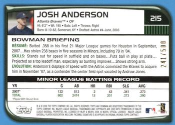 2008 Bowman - Blue #215 Josh Anderson Back