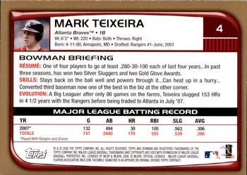 2008 Bowman - Gold #4 Mark Teixeira Back