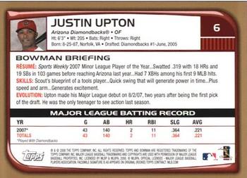 2008 Bowman - Gold #6 Justin Upton Back