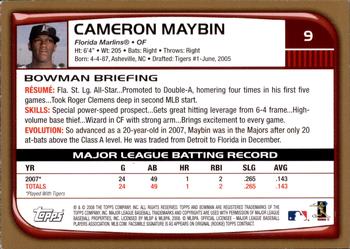 2008 Bowman - Gold #9 Cameron Maybin Back