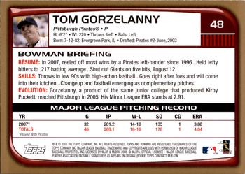 2008 Bowman - Gold #48 Tom Gorzelanny Back
