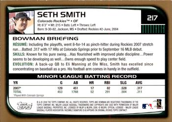 2008 Bowman - Gold #217 Seth Smith Back