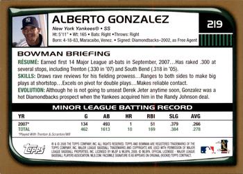 2008 Bowman - Gold #219 Alberto Gonzalez Back