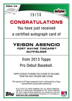 2013 Topps Pro Debut - Autographs Gold #PDA-YA Yeison Asencio Back