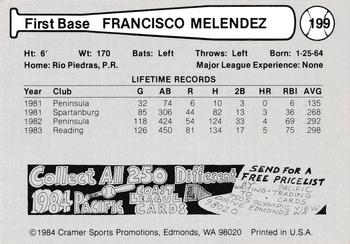 1984 Cramer Portland Beavers #199 Francisco Melendez Back