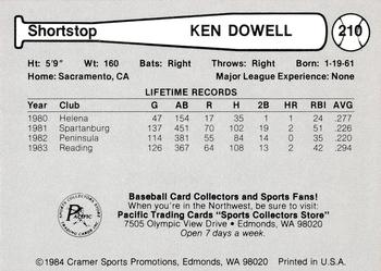 1984 Cramer Portland Beavers #210 Ken Dowell Back