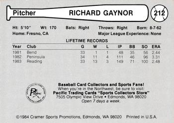 1984 Cramer Portland Beavers #212 Richard Gaynor Back