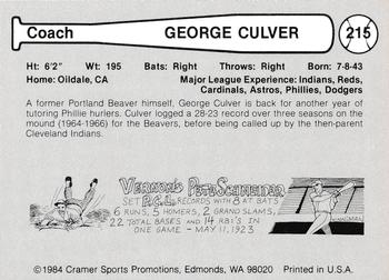 1984 Cramer Portland Beavers #215 George Culver Back