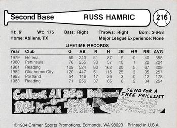 1984 Cramer Portland Beavers #216 Russ Hamric Back