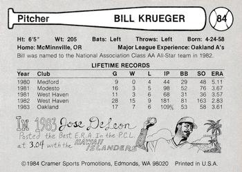 1984 Cramer Tacoma Tigers #84 Bill Krueger Back