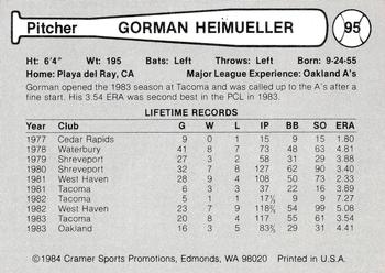 1984 Cramer Tacoma Tigers #95 Gorman Heimueller Back