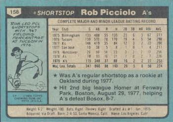 1980 Topps #158 Rob Picciolo Back