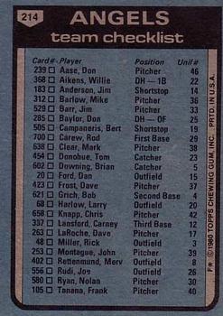 1980 Topps #214 California Angels / Jim Fregosi Back