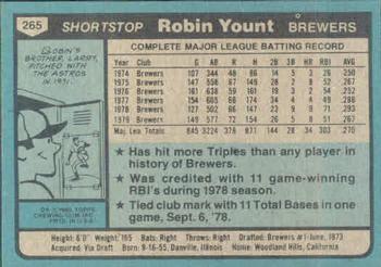 1980 Topps #265 Robin Yount Back