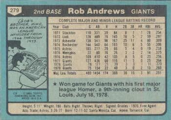 1980 Topps #279 Rob Andrews Back