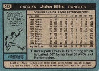 1980 Topps #283 John Ellis Back