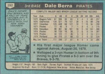 1980 Topps #292 Dale Berra Back