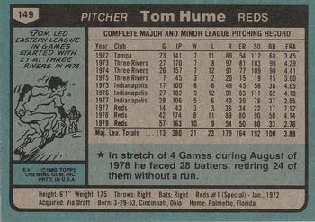 1980 Topps #149 Tom Hume Back