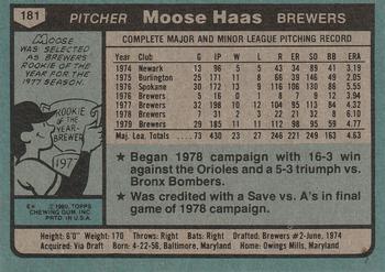 1980 Topps #181 Moose Haas Back