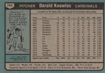 1980 Topps #286 Darold Knowles Back