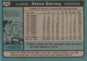 1980 Topps #290 Steve Garvey Back