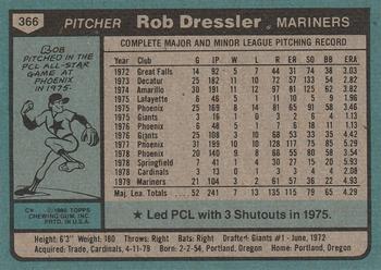 1980 Topps #366 Rob Dressler Back