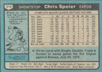 1980 Topps #319 Chris Speier Back