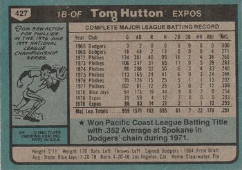 1980 Topps #427 Tom Hutton Back