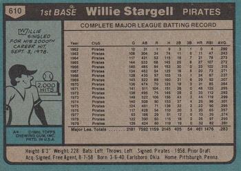 1980 Topps #610 Willie Stargell Back